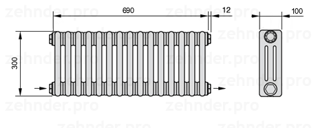 Схема (чертеж) Радиатор Zehnder Charleston 3030/15 №2670 Белый глянцевый RAL 9016